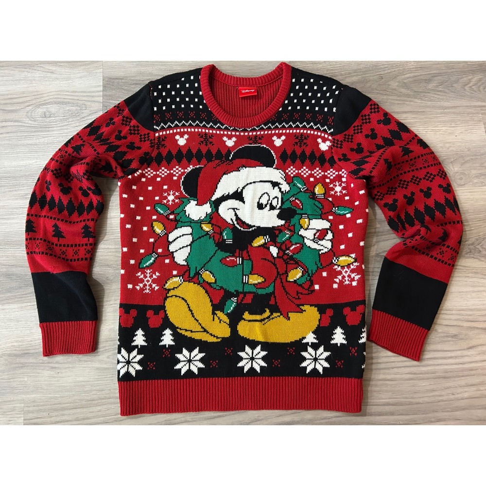 Disney Mens Mickey Mouse Holiday Ugly Christmas Sweater Acrylic Large Red Black